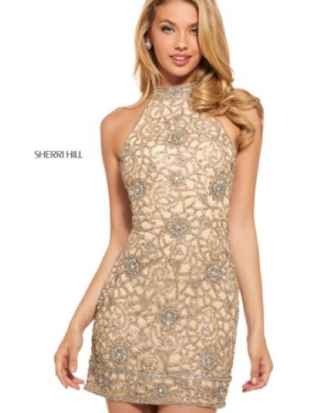 Sherri Hill Silver and Nude Embellished Halter Dress